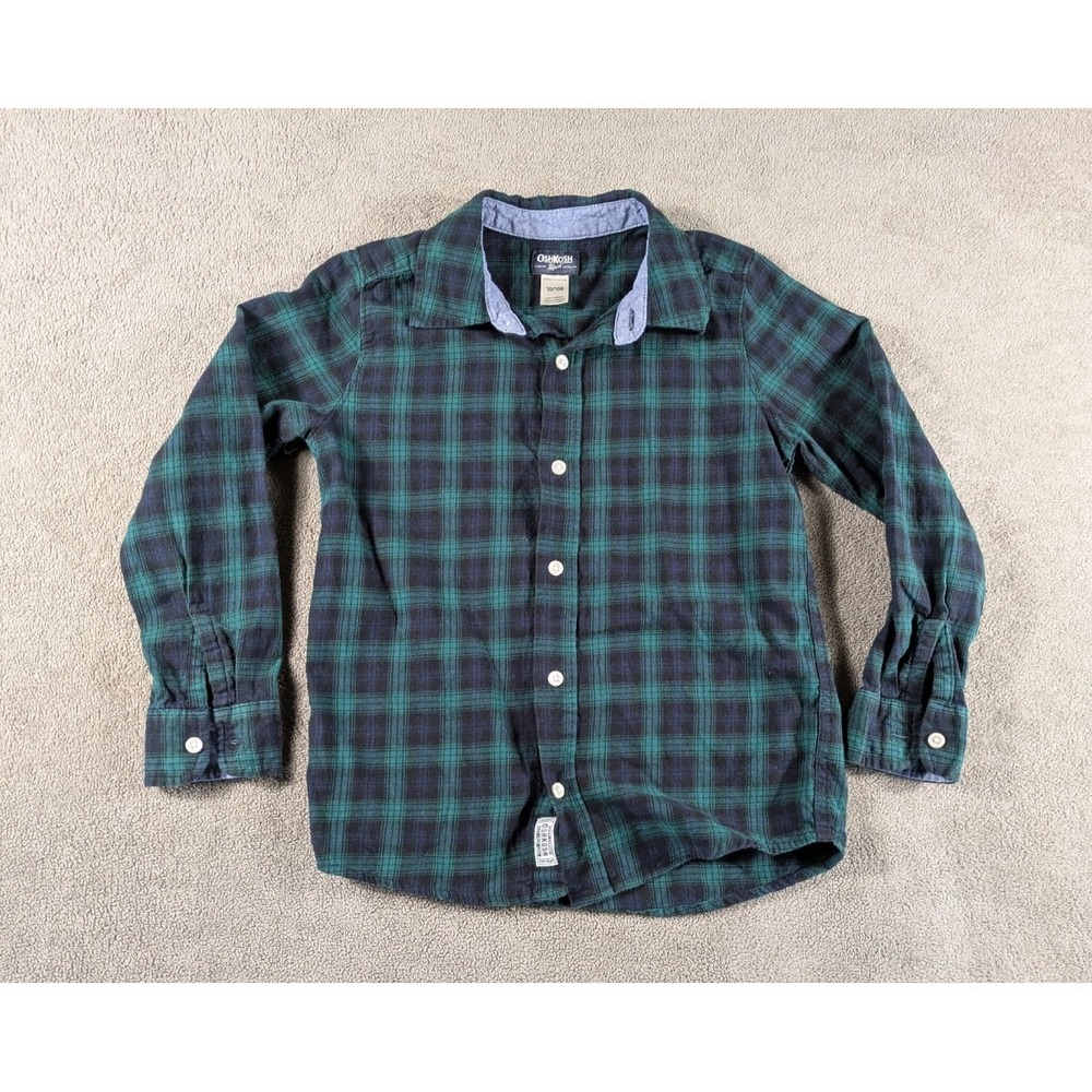 Oshkosh B'gosh Flannel Shirt Boys 10/10A Green Black Plaid‎ Workwear Button Up